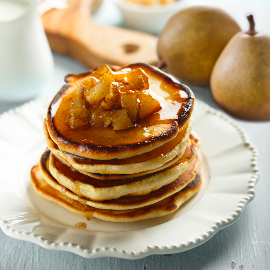 Pancakes aux poires Angys caramélisées